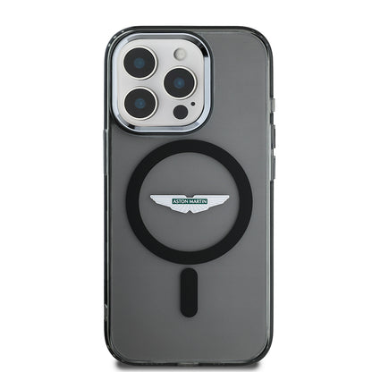 Apple iPhone 15 Pro Max Kılıf Aston Martin Orjinal Lisanslı M-safe Şarj Özellikli IML Baskı Logolu Metal Düğmeli Kapak Siyah