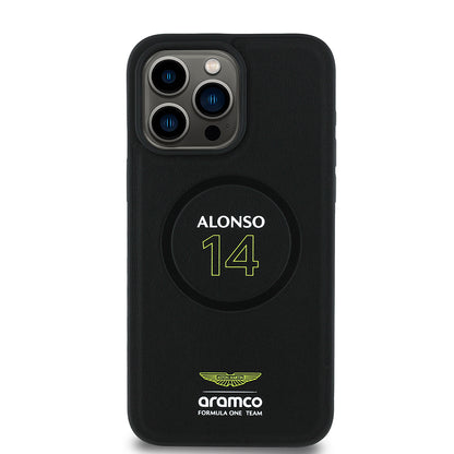 Apple iPhone 15 Pro Max Kılıf Aston Martin Orjinal Lisanslı M-safe Şarj Özellikli PU Deri Alonso 14 Baskılı Kapak Siyah