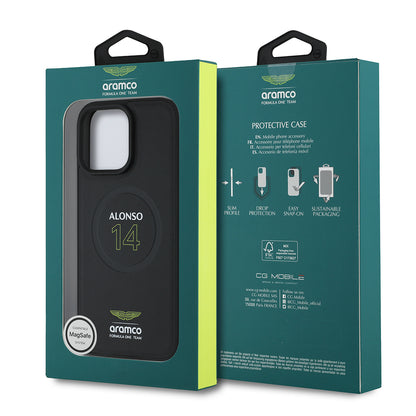 Apple iPhone 15 Pro Max Kılıf Aston Martin Orjinal Lisanslı M-safe Şarj Özellikli PU Deri Alonso 14 Baskılı Kapak Siyah