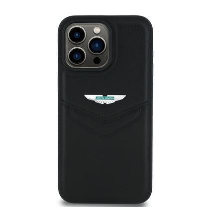 Apple iPhone 15 Pro Max Kılıf Aston Martin Orjinal Lisanslı Victory Dizayn PU Deri Metal Logolu Kapak Siyah