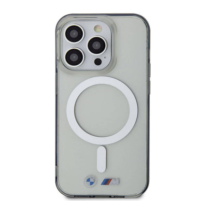Apple iPhone 15 Pro Max Kılıf BMW M-safe Şarj Özellikli Transparan Silver Ring Orjinal Lisanslı Kapak Renksiz