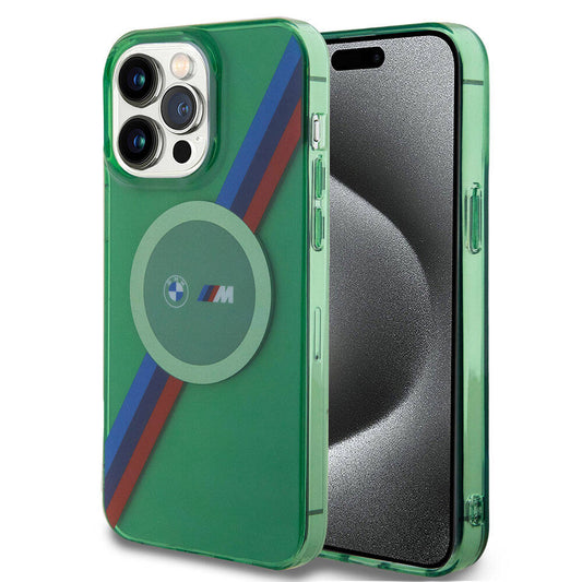 Apple iPhone 15 Pro Max Kılıf BMW M-safe Şarj Özellikli Transparan Tricolor Stripes Orjinal Lisanslı Kapak Yeşil