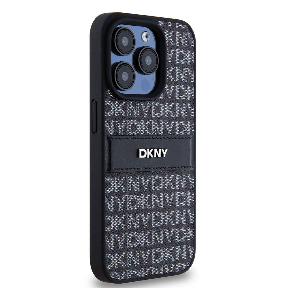 Apple iPhone 15 Pro Max Kılıf DKNY Orjinal Lisanslı 3D Yazılı Repeat Texture Pattern Kapak Siyah