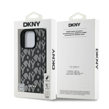 Apple iPhone 15 Pro Max Kılıf DKNY Orjinal Lisanslı M-safe Şarj Özellikli 3D Yazılı Grid Pattern Kapak Kahverengi