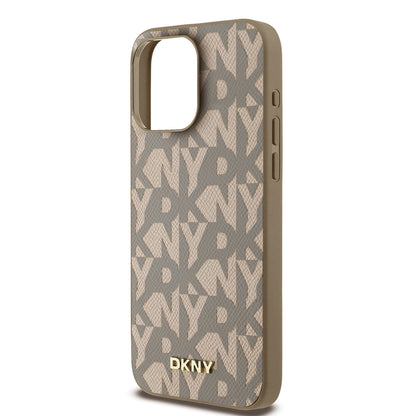 Apple iPhone 15 Pro Max Kılıf DKNY Orjinal Lisanslı M-safe Şarj Özellikli 3D Yazılı Grid Pattern Kapak Kahverengi