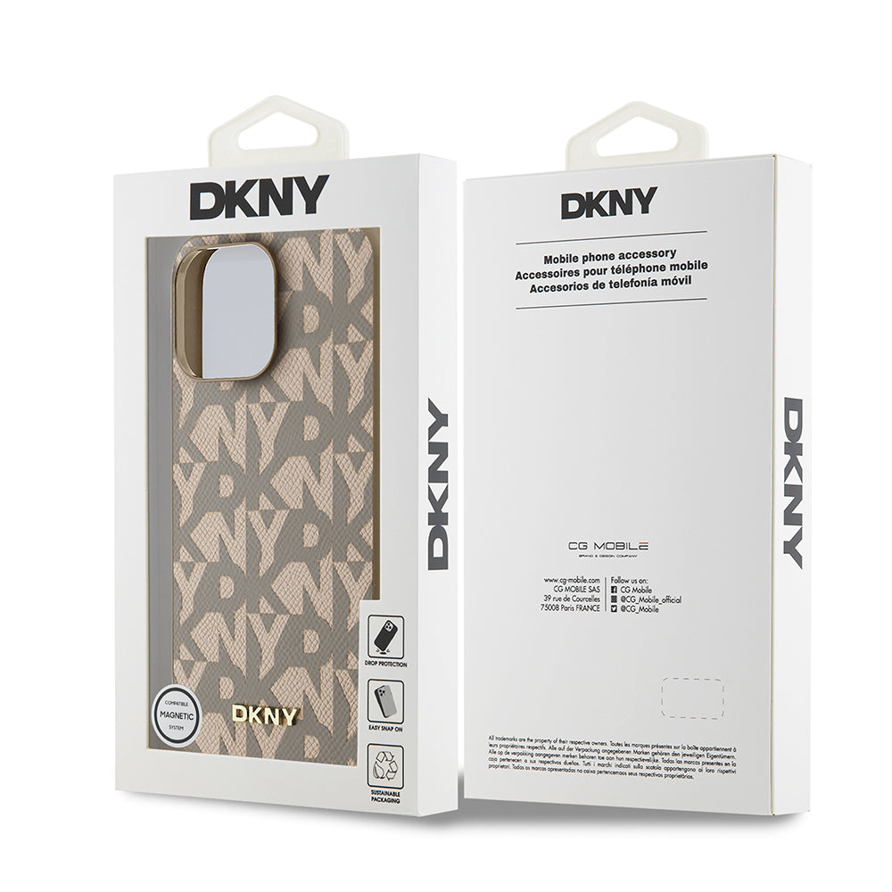 Apple iPhone 15 Pro Max Kılıf DKNY Orjinal Lisanslı M-safe Şarj Özellikli 3D Yazılı Grid Pattern Kapak Gri