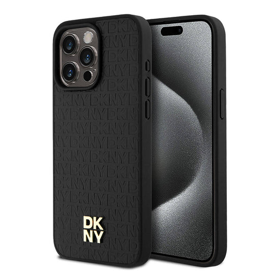Apple iPhone 15 Pro Max Kılıf DKNY Orjinal Lisanslı M-safe Şarj Özellikli 3D Yazılı Repeat Pattern Kapak Siyah