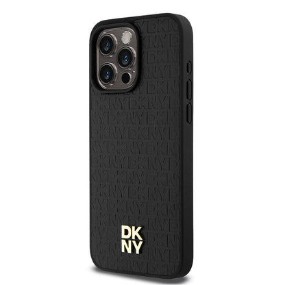 Apple iPhone 15 Pro Max Kılıf DKNY Orjinal Lisanslı M-safe Şarj Özellikli 3D Yazılı Repeat Pattern Kapak Siyah