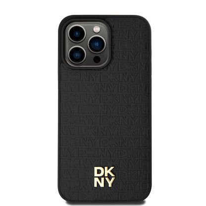 Apple iPhone 15 Pro Max Kılıf DKNY Orjinal Lisanslı M-safe Şarj Özellikli 3D Yazılı Repeat Pattern Kapak Siyah