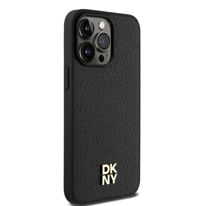 Apple iPhone 15 Pro Max Kılıf DKNY Orjinal Lisanslı M-safe Şarj Özellikli 3D Yazılı Repeat Pattern Kapak Siyah