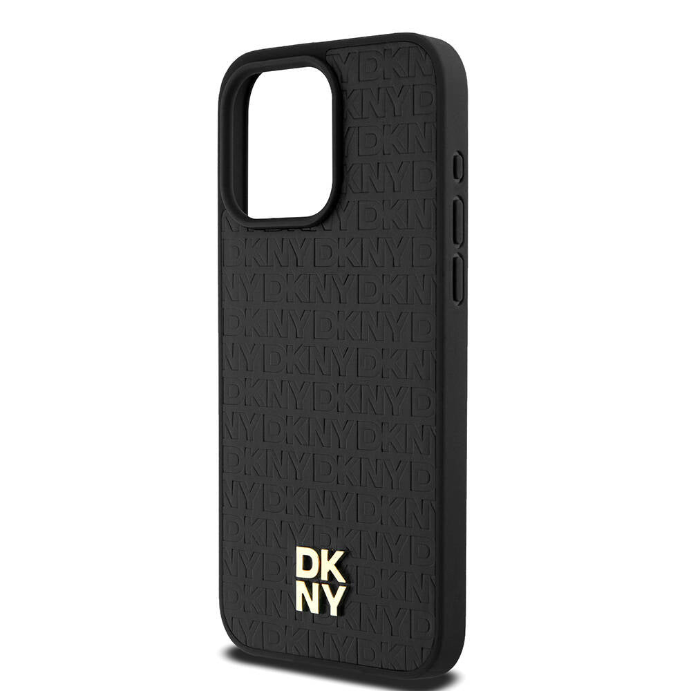 Apple iPhone 15 Pro Max Kılıf DKNY Orjinal Lisanslı M-safe Şarj Özellikli 3D Yazılı Repeat Pattern Kapak Siyah