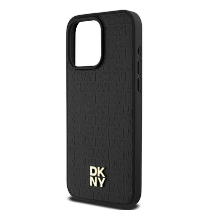 Apple iPhone 15 Pro Max Kılıf DKNY Orjinal Lisanslı M-safe Şarj Özellikli 3D Yazılı Repeat Pattern Kapak Siyah