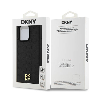 Apple iPhone 15 Pro Max Kılıf DKNY Orjinal Lisanslı M-safe Şarj Özellikli 3D Yazılı Repeat Pattern Kapak Siyah