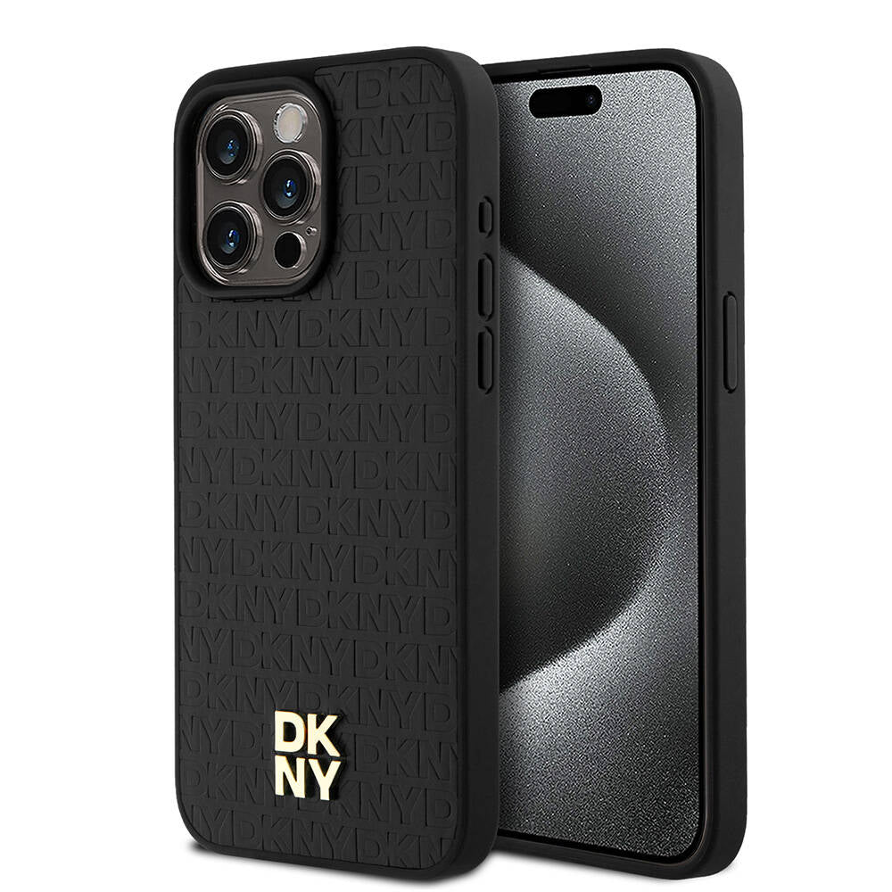 Apple iPhone 15 Pro Max Kılıf DKNY Orjinal Lisanslı M-safe Şarj Özellikli 3D Yazılı Repeat Pattern Kapak Siyah