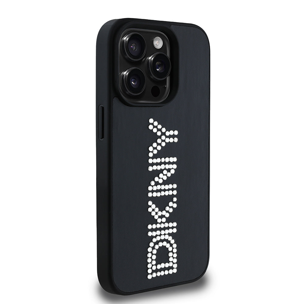 Apple iPhone 15 Pro Max Kılıf DKNY Orjinal Lisanslı Taşlı DKNY Yazılı Metalik Rhinestones PU Deri Kapak Siyah