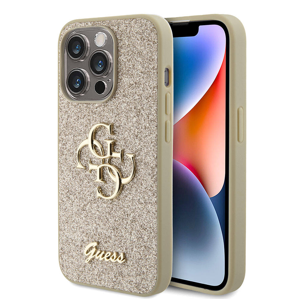 Apple iPhone 15 Pro Max Kılıf Guess Orjinal Lisanslı 4G Büyük Metal Logolu Glitter Kapak Gold