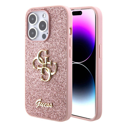 Apple iPhone 15 Pro Max Kılıf Guess Orjinal Lisanslı 4G Büyük Metal Logolu Glitter Kapak Pembe