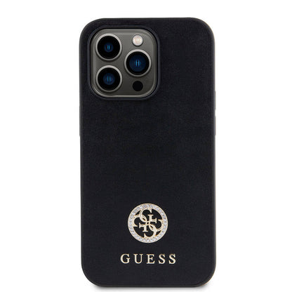 Apple iPhone 15 Pro Max Kılıf Guess Orjinal Lisanslı Deri 4G Metal Logo Strass Kapak Gold