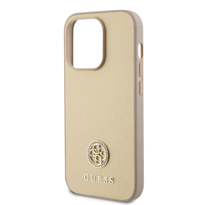 Apple iPhone 15 Pro Max Kılıf Guess Orjinal Lisanslı Deri 4G Metal Logo Strass Kapak Gold
