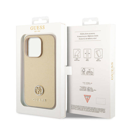 Apple iPhone 15 Pro Max Kılıf Guess Orjinal Lisanslı Deri 4G Metal Logo Strass Kapak Gold