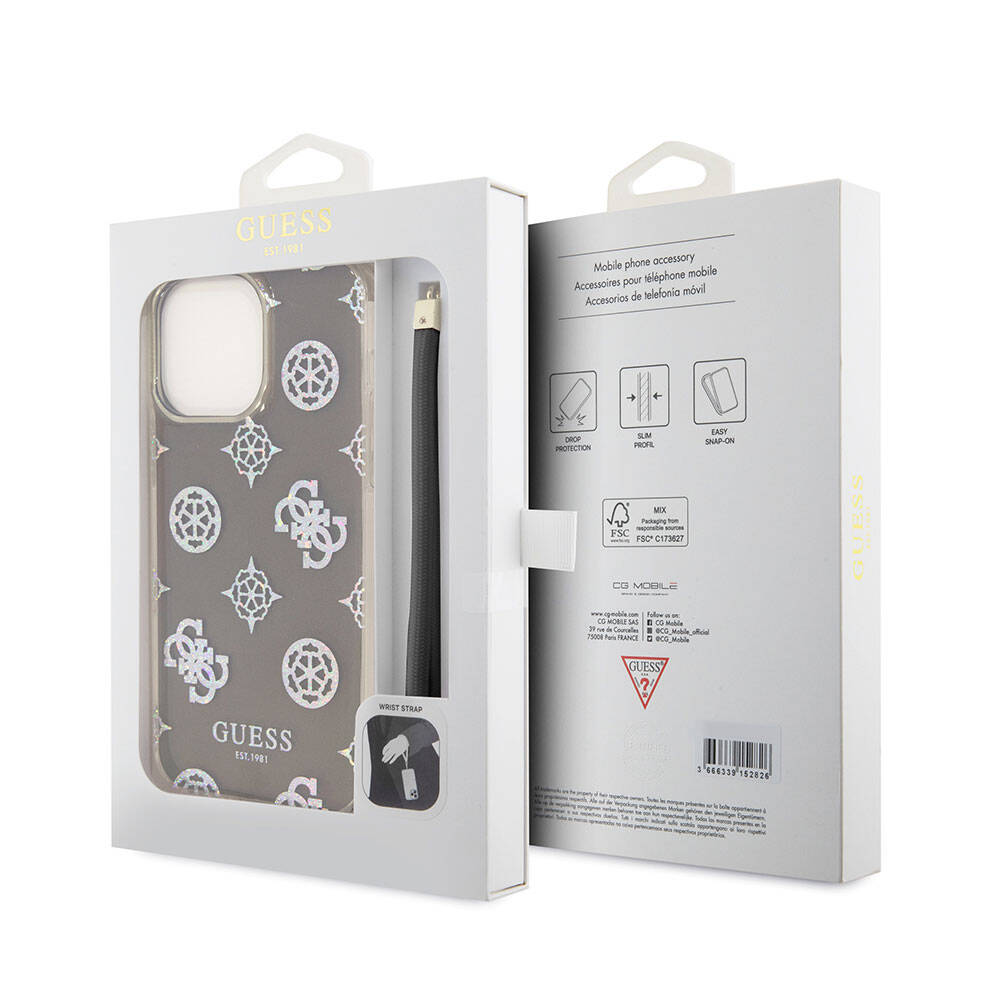 Apple iPhone 15 Pro Max Kılıf Guess Orjinal Lisanslı Desenli Yazı Logolu Askı İpli Holografik Glitter Peony Kapak Siyah