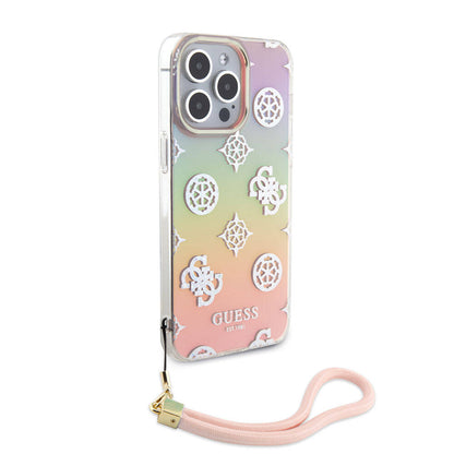 Apple iPhone 15 Pro Max Kılıf Guess Orjinal Lisanslı Desenli Yazı Logolu Askı İpli Holografik Glitter Peony Kapak Siyah