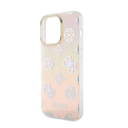 Apple iPhone 15 Pro Max Kılıf Guess Orjinal Lisanslı Desenli Yazı Logolu Askı İpli Holografik Glitter Peony Kapak Mor