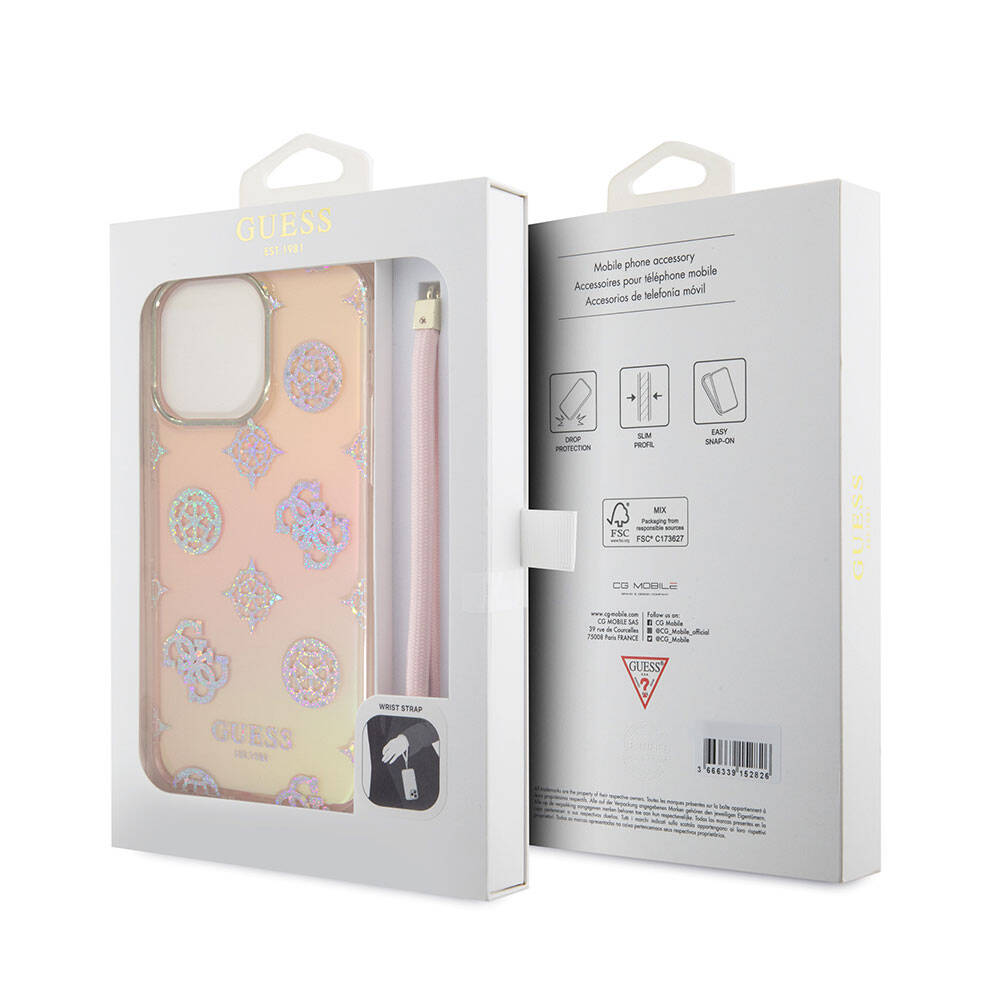 Apple iPhone 15 Pro Max Kılıf Guess Orjinal Lisanslı Desenli Yazı Logolu Askı İpli Holografik Glitter Peony Kapak Siyah