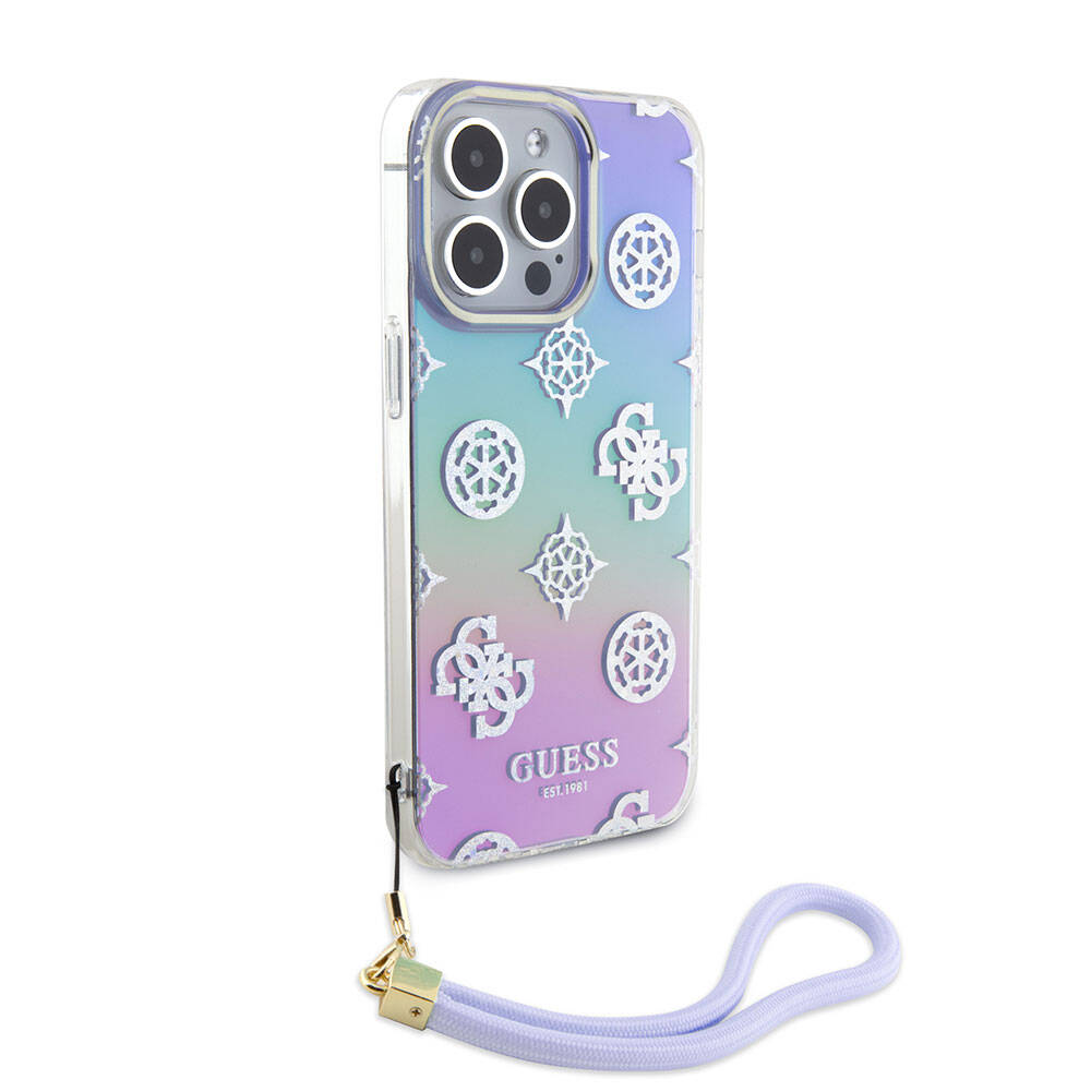 Apple iPhone 15 Pro Max Kılıf Guess Orjinal Lisanslı Desenli Yazı Logolu Askı İpli Holografik Glitter Peony Kapak Pembe