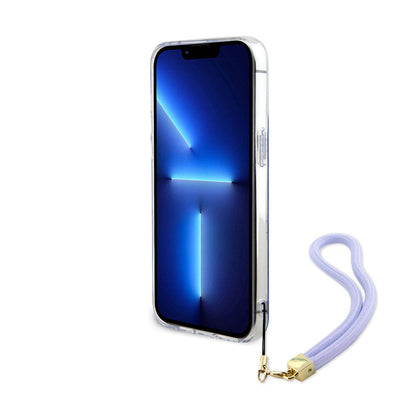 Apple iPhone 15 Pro Max Kılıf Guess Orjinal Lisanslı Desenli Yazı Logolu Askı İpli Holografik Glitter Peony Kapak Pembe