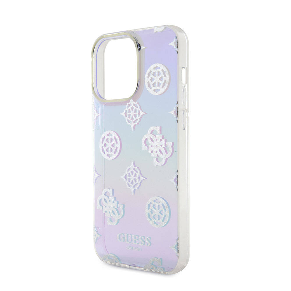 Apple iPhone 15 Pro Max Kılıf Guess Orjinal Lisanslı Desenli Yazı Logolu Askı İpli Holografik Glitter Peony Kapak Pembe