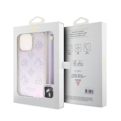 Apple iPhone 15 Pro Max Kılıf Guess Orjinal Lisanslı Desenli Yazı Logolu Askı İpli Holografik Glitter Peony Kapak Pembe