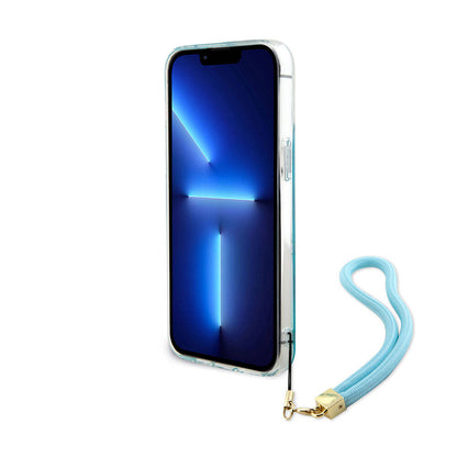 Apple iPhone 15 Pro Max Kılıf Guess Orjinal Lisanslı Desenli Yazı Logolu Askı İpli Holografik Glitter Peony Kapak Mor