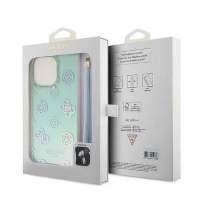 Apple iPhone 15 Pro Max Kılıf Guess Orjinal Lisanslı Desenli Yazı Logolu Askı İpli Holografik Glitter Peony Kapak Pembe