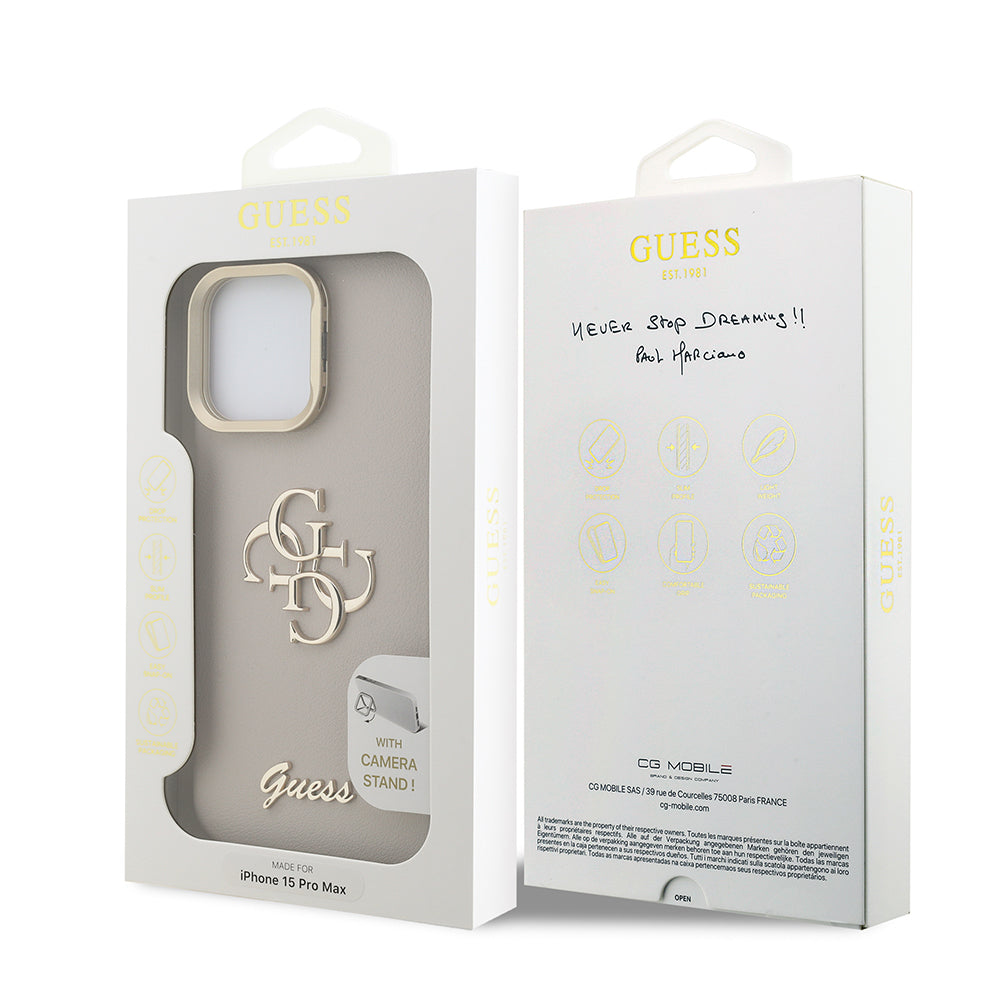 Apple iPhone 15 Pro Max Kılıf Guess Orjinal Lisanslı Grained Yazı Logolu Kamera Standlı Kapak Kahverengi