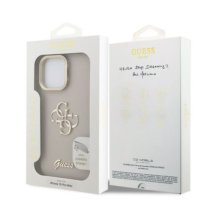 Apple iPhone 15 Pro Max Kılıf Guess Orjinal Lisanslı Grained Yazı Logolu Kamera Standlı Kapak Kahverengi