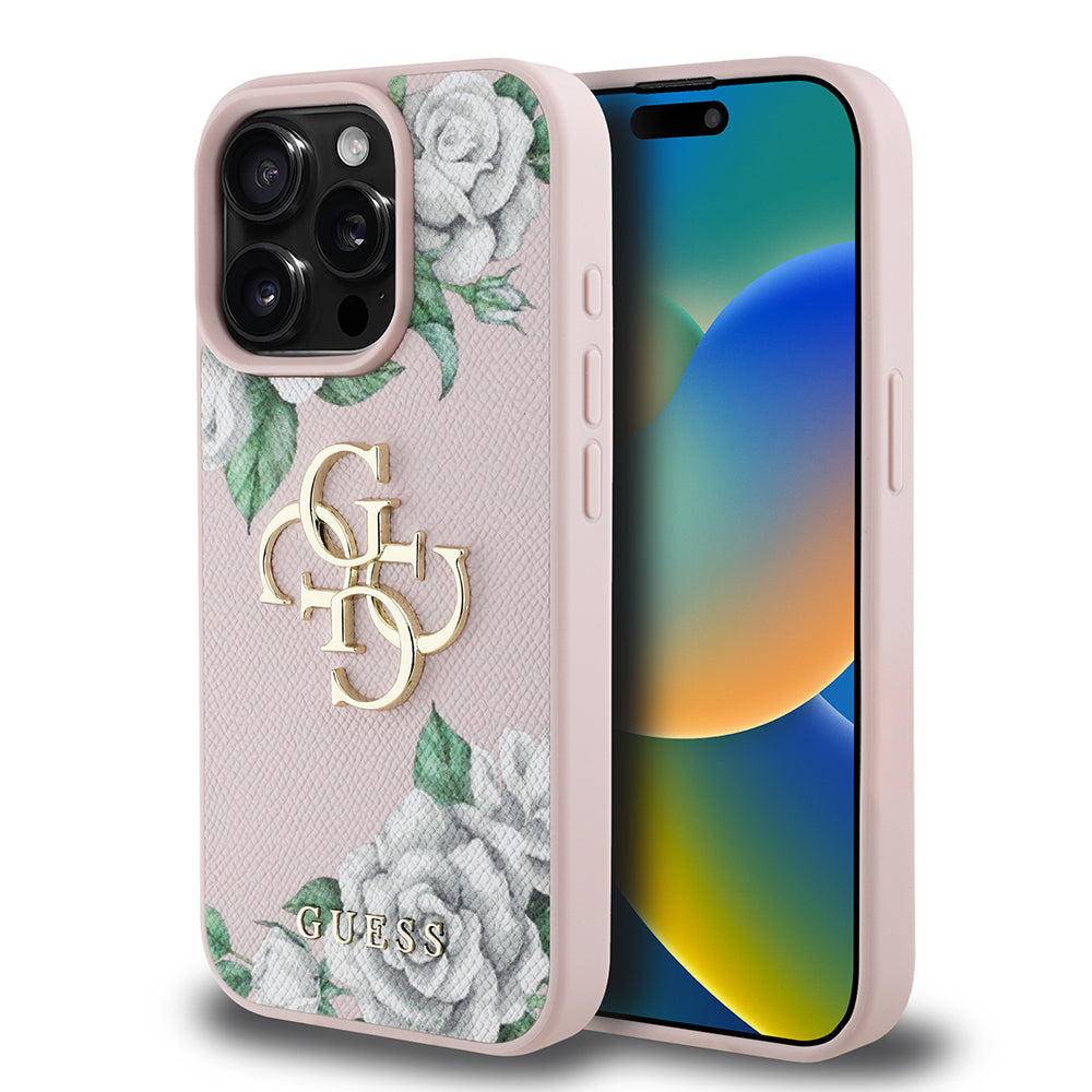 Apple iPhone 15 Pro Max Kılıf Guess Orjinal Lisanslı Gül Baskılı Büyük Metal Logo Dizaynlı Kapak Siyah