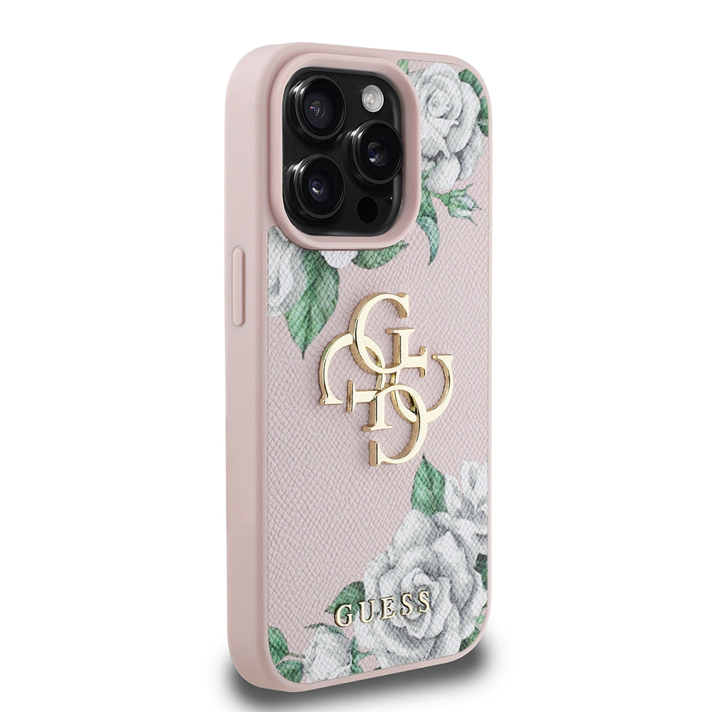 Apple iPhone 15 Pro Max Kılıf Guess Orjinal Lisanslı Gül Baskılı Büyük Metal Logo Dizaynlı Kapak Mor
