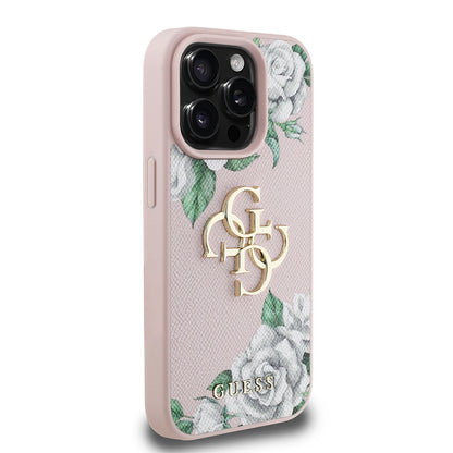 Apple iPhone 15 Pro Max Kılıf Guess Orjinal Lisanslı Gül Baskılı Büyük Metal Logo Dizaynlı Kapak Mor