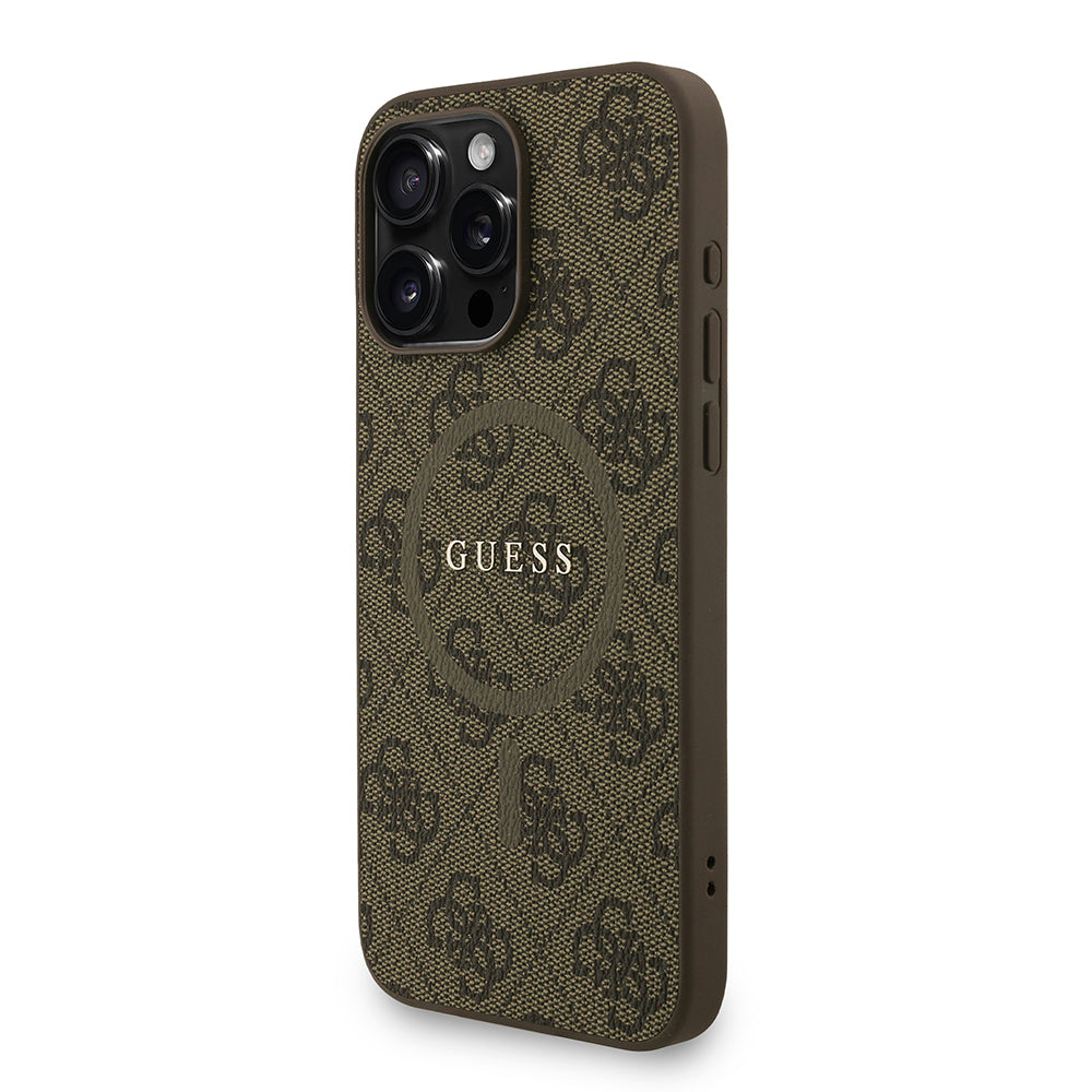 Apple iPhone 15 Pro Max Kılıf Guess Orjinal Lisanslı M-safe Şarj Özellikli PU Deri Bilek Askı İpli Yazı Logolu Kapak Kahverengi