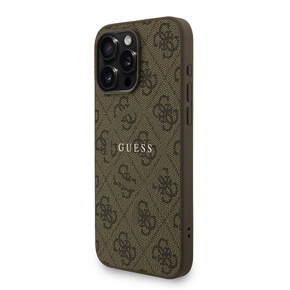 Apple iPhone 15 Pro Max Kılıf Guess Orjinal Lisanslı M-safe Şarj Özellikli PU Deri Bilek Askı İpli Yazı Logolu Kapak Kahverengi