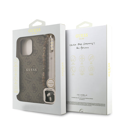 Apple iPhone 15 Pro Max Kılıf Guess Orjinal Lisanslı M-safe Şarj Özellikli PU Deri Bilek Askı İpli Yazı Logolu Kapak Pembe