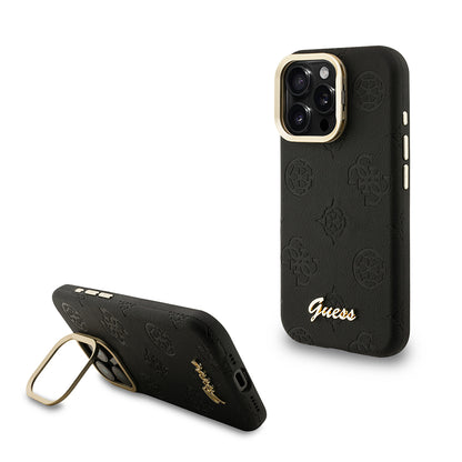 Apple iPhone 15 Pro Max Kılıf Guess Orjinal Lisanslı M-safe Şarj Özellikli Sıcak Baskılı Yazı Logolu Kamera Standlı PU Deri Peony Kapak Mor