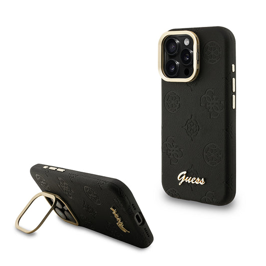 Apple iPhone 15 Pro Max Kılıf Guess Orjinal Lisanslı M-safe Şarj Özellikli Sıcak Baskılı Yazı Logolu Kamera Standlı PU Deri Peony Kapak Pembe