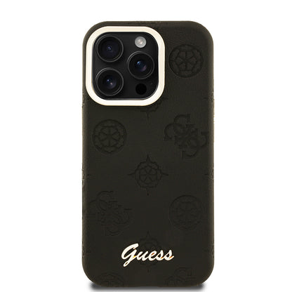 Apple iPhone 15 Pro Max Kılıf Guess Orjinal Lisanslı M-safe Şarj Özellikli Sıcak Baskılı Yazı Logolu Kamera Standlı PU Deri Peony Kapak Bej