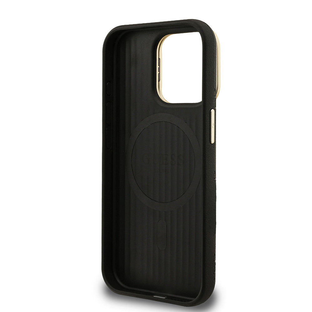 Apple iPhone 15 Pro Max Kılıf Guess Orjinal Lisanslı M-safe Şarj Özellikli Sıcak Baskılı Yazı Logolu Kamera Standlı PU Deri Peony Kapak Mor