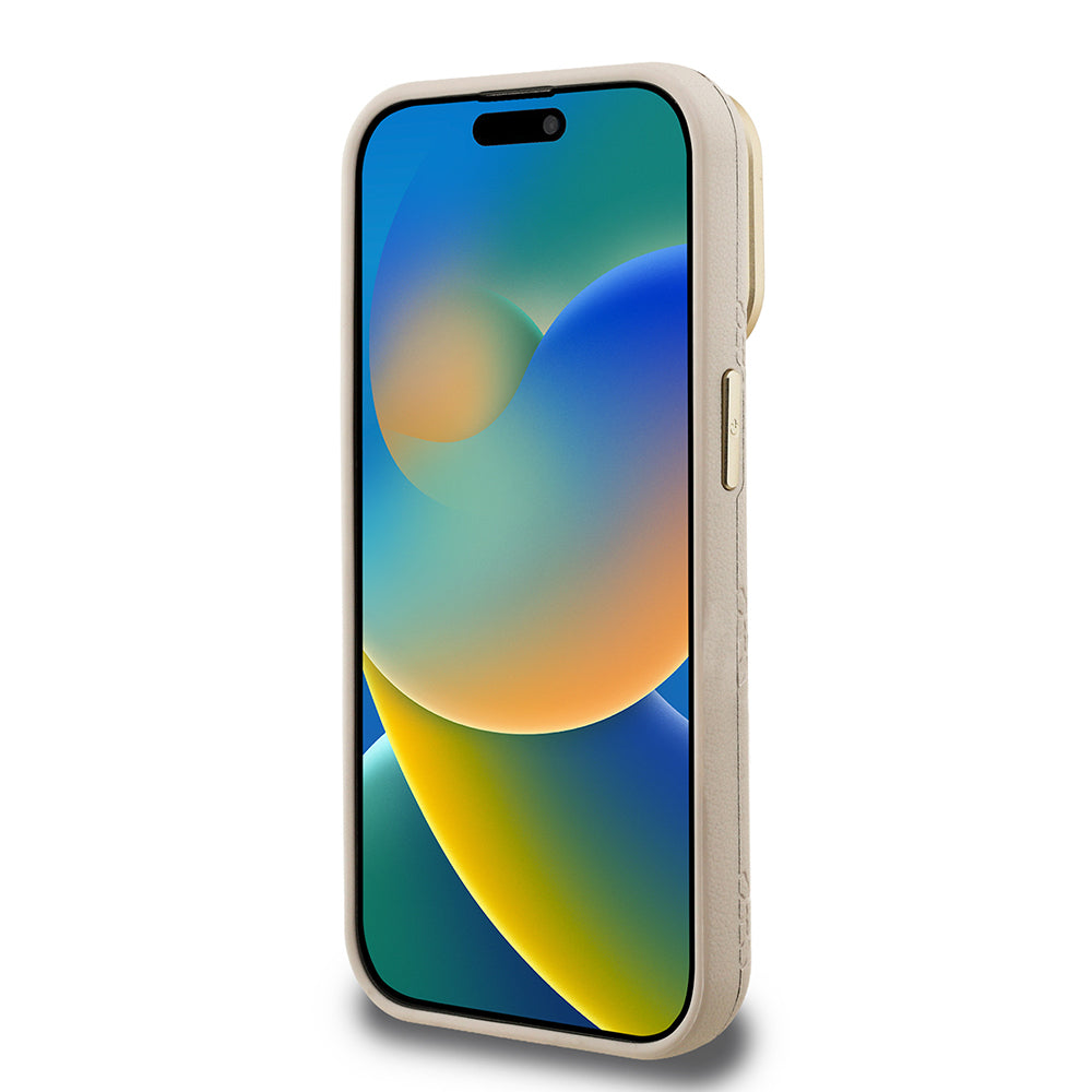 Apple iPhone 15 Pro Max Kılıf Guess Orjinal Lisanslı M-safe Şarj Özellikli Sıcak Baskılı Yazı Logolu Kamera Standlı PU Deri Peony Kapak Siyah