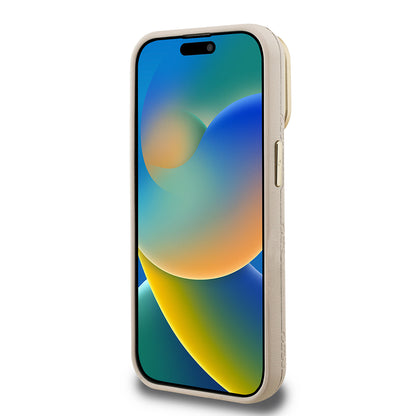 Apple iPhone 15 Pro Max Kılıf Guess Orjinal Lisanslı M-safe Şarj Özellikli Sıcak Baskılı Yazı Logolu Kamera Standlı PU Deri Peony Kapak Pembe