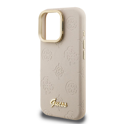 Apple iPhone 15 Pro Max Kılıf Guess Orjinal Lisanslı M-safe Şarj Özellikli Sıcak Baskılı Yazı Logolu Kamera Standlı PU Deri Peony Kapak Bej