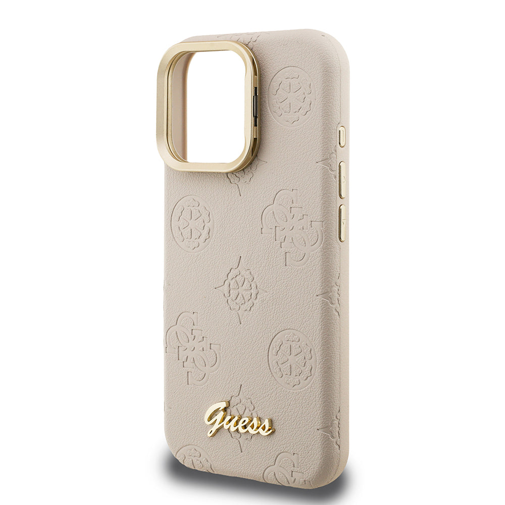 Apple iPhone 15 Pro Max Kılıf Guess Orjinal Lisanslı M-safe Şarj Özellikli Sıcak Baskılı Yazı Logolu Kamera Standlı PU Deri Peony Kapak Mor